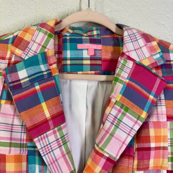 SAM TY Blazer 6 Madras‎ Plaid Patchwork Cotton Crystal Buttons Lined Preppy - Picture 4 of 14